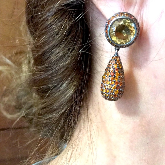 RS Citrine & Orange Sapphires& Rhodium SS Earrings - Picture 1 of 5
